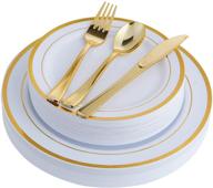 🍽️ 125pcs gold plastic plates set: 25 disposable dinner plates, 25 dessert plates & gold disposable silverware - ideal for parties, weddings, and halloween gatherings - serves 25 guests logo