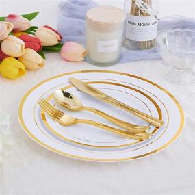 img 1 attached to 🍽️ 125PCS Gold Plastic Plates Set: 25 Disposable Dinner Plates, 25 Dessert Plates & Gold Disposable Silverware - Ideal for Parties, Weddings, and Halloween Gatherings - Serves 25 Guests