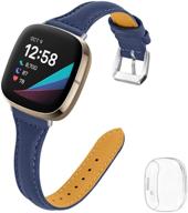 joyozy thin leather bands for fitbit sense/versa 3 - stylish dark blue strap with clear screen protector logo