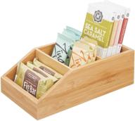 bamboo wood food storage bin with 3 divided compartments and front slope for kitchen cabinet, pantry, shelf organization of seasoning packets, powder mixes, spices, snacks - natural логотип