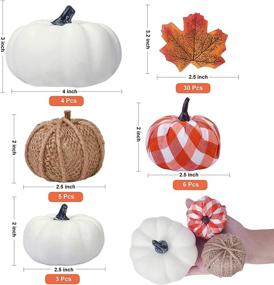 img 3 attached to 🎃 Seasonal Fall Decor: 18Pcs Assorted Harvest Burlap Buffalo Plaid White Pumpkins with 30Pcs Fake Maple Leaves - Perfect for Thanksgiving, Halloween, and Farmhouse Fall Decorations