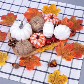 img 2 attached to 🎃 Seasonal Fall Decor: 18Pcs Assorted Harvest Burlap Buffalo Plaid White Pumpkins with 30Pcs Fake Maple Leaves - Perfect for Thanksgiving, Halloween, and Farmhouse Fall Decorations