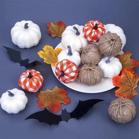 img 1 attached to 🎃 Seasonal Fall Decor: 18Pcs Assorted Harvest Burlap Buffalo Plaid White Pumpkins with 30Pcs Fake Maple Leaves - Perfect for Thanksgiving, Halloween, and Farmhouse Fall Decorations