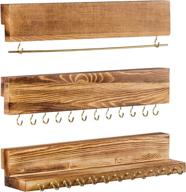 📦 wall mounted jewelry organizer set of 3 – hanging wooden jewelry holder with detachable bracelet rod and 24 hooks – rustic brown display for rings, earrings, and necklaces логотип