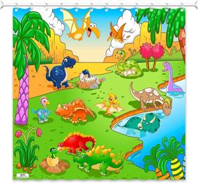 img 1 attached to 🦖 Dive into Educational Fun with PlayFunLearn Kids Dinosaur Shower Curtain! Transform Bath Time with Family, Baby Dinos, Nature, and Water. Premium 100% Polyester Material with Included Hooks. Size: 72x72 in.