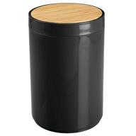 🗑️ mdesign small round plastic trash can wastebasket with swing top lid - 1.3 gallon/5 liter capacity - versatile container for bathrooms, kitchens, and home offices - black/natural wood finish logo