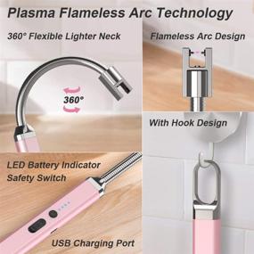 img 2 attached to 🕯️ JEVSTU Pink Candle Lighter - USB Rechargeable, 360° Flexible Neck, Arc Plasma Electronic Windproof Flameless Long Lighter with Safety Switch Hook for Kitchen Grill - LED Display Included