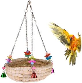 img 4 attached to Woven Straw Nest Bed Large Bird Swing Toy with Bell for Parrot Cockatiel Parakeet African Grey Cockatoo Macaw Amazon Conure Budgie Canary Lovebird Finch Hamster Chinchilla Cage Perch: Stylish Comfort and Fun for Your Feathered Friend!