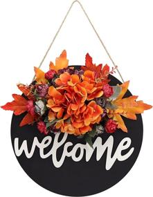 img 4 attached to 🍂 Front Door Fall Wreaths Hanging Sign – Round Wood Welcome Signs for Front Porch, Farmhouse Rustic Hydrangea Wreath Home Wall Decor