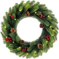 🎄 enhance your holiday décor with our 2 ft pre-lit christmas wreath - stunning front door xmas decorations with timer, led lights, red berries, and pine cones! logo