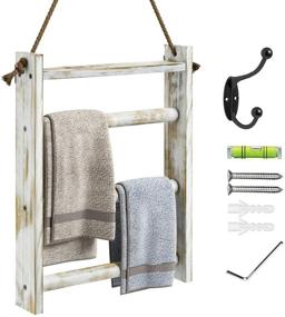 img 4 attached to GREENSTELL Rustic Wood Farmhouse Towel Rack with Rope - Small White Ladder Style Décor for Bathroom, Living Room, and Cloakroom