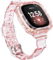 clear glitter bumper case with airspo bands compatible for fitbit versa 3 - replacement wristband strap for women and men in pink логотип