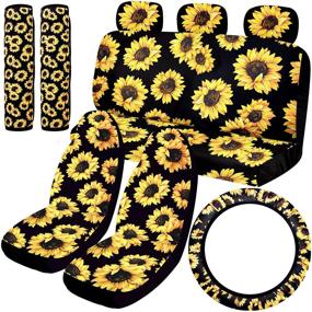 img 4 attached to 🌻 BQTQ 10-Piece Sunflower Car Seat Cover Set: Complete Car Decoration with Seat Covers, Headrest Covers, Steering Wheel Cover, and Seat Belt Covers