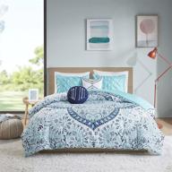 intelligent design comforter set - traditional boho medallion print with reversible damask design - all season cozy bedding, matching shams, decorative pillows - twin/twinxl size - aqua 4 piece logo