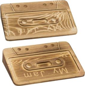 img 4 attached to MyGift Wood Door Jam Novelty Door Wedge Stopper: Retro Cassette Tape Design, Set of 2, Brown Burnt Finish