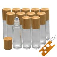 🍃 12pcs 10ml glass roll on bottle with bamboo lid for essential oils - eco-friendly, refillable, clear perfume sample bottles with stainless steel roller ball - portable & practical logo