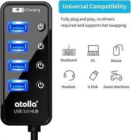 img 2 attached to 💡 atolla Powered USB Hub - 4-Port USB 3.0 Data Hub with Smart Charging Port - USB Splitter w/ On/Off Switches - Includes 5V/3A Power Adapter