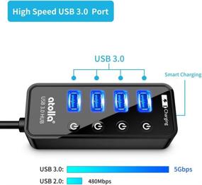 img 3 attached to 💡 atolla Powered USB Hub - 4-Port USB 3.0 Data Hub with Smart Charging Port - USB Splitter w/ On/Off Switches - Includes 5V/3A Power Adapter
