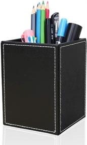 img 2 attached to 🖊️ KINGFOM Black PU Leather Square Desktop Stationery Organizer - Pen Pencil Holder Cup, Office Accessories Box, Container Case