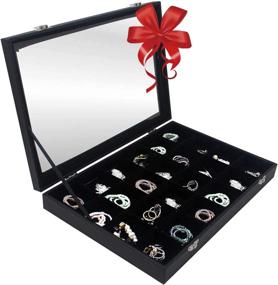 img 4 attached to Jewelry Organizer Box - Large 24-Grid Earrings & Rings Display Storage Tray - Transparent Lid Showcase Holder - Jewelry Display Tray with Accessory Storage (Black)