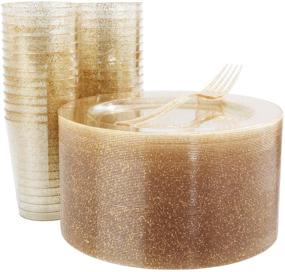 img 4 attached to 🎉 WELLIFE 50 PCS Gold Glitter Party Tableware Set: Salad Plates, Plastic Forks, Disposable Cups - Perfect for Weddings and Events!