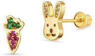 girls' earrings - 14k gold plated brass rabbit with carrot cubic zirconia, screwback closure and silver post logo