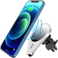 magnetic wireless car charger: fast charging car mount for iphone 12 series, air vent holder with metal ring - silver logo