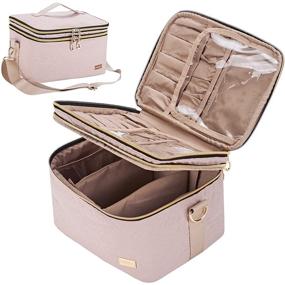 img 4 attached to 🎒 NISHEL Large Double Layer Travel Makeup Bag with Strap - Pink Cosmetic Case Organizer for Bottles & Brushes, Ideal for Tweezers & Eyeliner - Vertically Fits Bottles