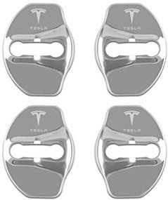 img 4 attached to Охлаждающий защитный чехол для замка двери Tesla Fit 4 шт. Из нержавеющей стали Защитный чехол для защелки двери автомобиля для аксессуаров Model Y Model 3 (серебристый)