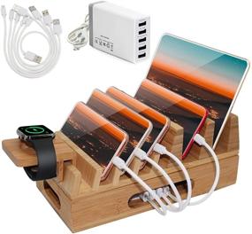 img 4 attached to 🔌 Bamboo Charging Station: 5 Port USB Charger with Watch Stand and Organizer for Multiple Devices, Cell Phone, Tablet, Watch, Office Accessories - Wood Desktop Docking Station