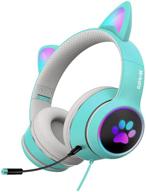 🎧 mokata gaming headphone: wired aux 3.5mm over ear cat led light stereo headset with mic - fit for adults & kids - pc ps4 ps5 game cellphone laptop pad - foldable & comfortable - h02 cyan logo