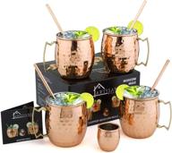 set of 4 moscow mule copper mugs - 16 oz, stainless steel lined - includes 4 straws and a shot glass logo