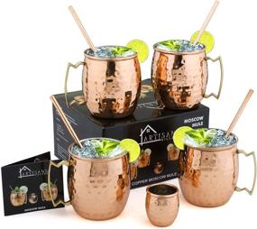 img 4 attached to Set of 4 Moscow Mule Copper Mugs - 16 oz, Stainless Steel Lined - Includes 4 Straws and a Shot Glass