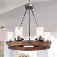 🏡 lnc farmhouse chandelier wood round wagon wheel 6-light fixture with seeded glass shades for dining room, living room, bedroom, kitchen, and foyer, brown logo