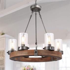 img 2 attached to 🏡 LNC Farmhouse Chandelier Wood Round Wagon Wheel 6-Light Fixture with Seeded Glass Shades for Dining Room, Living Room, Bedroom, Kitchen, and Foyer, Brown