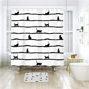 img 2 attached to 🐱 LIGHTINHOME Abstract Cat Shower Curtain: 60Wx72H Black Cute Kitten Silhouette Stripes - Funny, Elegant, and Waterproof Bathroom Decor with 12 Pack Plastic Hooks
