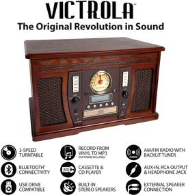 img 2 attached to 🎶 Victrola Aviator 8-в-1 пластинка Bluetooth и мультимедийный центр - встроенные стереодинамики, виниловый проигрыватель 3-х скоростей, запись в MP3, беспроводная передача музыки, отделка эспрессо