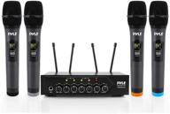 🎤 wireless uhf microphone system - battery-powered bluetooth quartet of cordless microphones with 50 selectable frequency channels, receiver base, aux input - ideal for pa, karaoke, dj party - pyle pdwm4120 logo