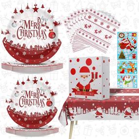 img 4 attached to 🎄 Christmas Party Supplies Set - Includes Christmas Paper Plates, Disposable Dinnerware, Napkins, Tablecloth, Window Clings, Tableware - Serves 24