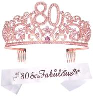 🎉 80th birthday gifts for women - pink tiara and sash, happy 80th birthday party supplies - 80 & fabulous glitter satin sash and crystal tiara birthday crown, perfect 80th birthday party supplies логотип