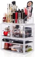 💄 dreamgenius 3-piece acrylic makeup organizer with 4 drawers - ideal for jewelry, lipstick, brushes - stackable cosmetic display cases for dresser and bathroom countertop storage logo
