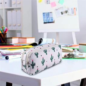 img 2 attached to SIQUK Cactus Pencil Case - Large Capacity Pen Case with Double Zippers - Office Stationery Bag with Compartments for Girls, Boys, and Adults, Also Ideal as a Cosmetic Bag