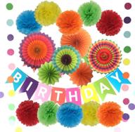 🎉 birthday decorations kit: banner with tissue pom poms, paper flowers, fans & garlands string polka dot - 10pcs pom poms & 6pcs paper fans logo