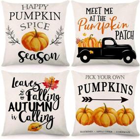 img 4 attached to Set of 4 CDWERD Fall Thanksgiving Pillow Covers 18x18 Inches - Pumpkin Truck Leaves Autum Theme Farmhouse Throw Pillowcase: Cotton Linen Cushion Case for Fall Decor - Outdoor & Indoor Use