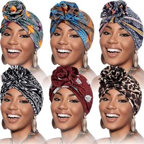 img 4 attached to 🌺 SATINIOR Women Turban Flower African Pattern Headwrap Set - 6 Pieces Sleep Beanie Pre-Tied Bonnet Elastic Knot Cap Collection