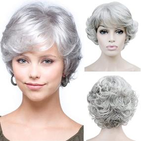img 3 attached to Серебристые синтетические короткие кудрявые парики Kalyss Silver Grey с челкой для женщин - термостойкие, естественный блеск, плотные парики с ретро-стилем 70-х.