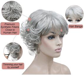 img 2 attached to Серебристые синтетические короткие кудрявые парики Kalyss Silver Grey с челкой для женщин - термостойкие, естественный блеск, плотные парики с ретро-стилем 70-х.