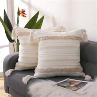 🌾 seeksee boho cotton hand-woven throw pillow covers: tufted decorative pillow covers for bedroom and living room sofa - farmhouse square fringed throw pillows (cream, set of 2, 18x18 inch) logo