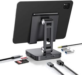 img 4 attached to 🔌 Premium 7-in-1 USB C Hub Stand: HDMI 4K@30Hz, 100W PD, SD Card Reader, USB 3.0, Headphone Jack - Compatible with iPad Pro Mac Chrome