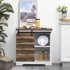 img 3 attached to 🚪 HOMCOM Rustic Farmhouse Sliding Barn Door Side Cabinet in White/Brown - Storage Buffet Sideboard with Interior Shelves